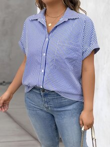 Vionelle Plus Size Women's Blue And White Striped Print Button-Up Casual Business Casual Short Sleeve Shirt, For Summer Office Vacation - Blue and White - View 6