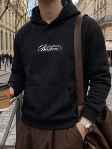 HIMLAND Men's Black Pullover Sweatshirt, Letter-Print Pullover, Relaxed Casual Sweatshirt, Fleece-Lined Warm Pullover Sweatshirt, Streetwear Menswear, Versatile Autumn-Winter Top,Gift - Black - View 1