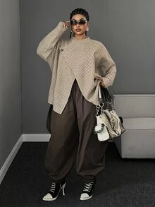 Maweii Plus Size Women's Autumn/Winter Brown Elegant Commute Knit Cardigan, Oatmeal Asymmetrical Button Lapel Two-Way Wear Knit Cardigan, Vintage Multicolor Ribbed Loose Design Slouchy Top - Khaki - View 4