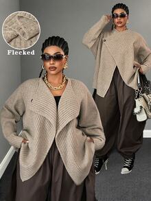 Maweii Plus Size Women's Autumn/Winter Brown Elegant Commute Knit Cardigan, Oatmeal Asymmetrical Button Lapel Two-Way Wear Knit Cardigan, Vintage Multicolor Ribbed Loose Design Slouchy Top - Khaki - View 2