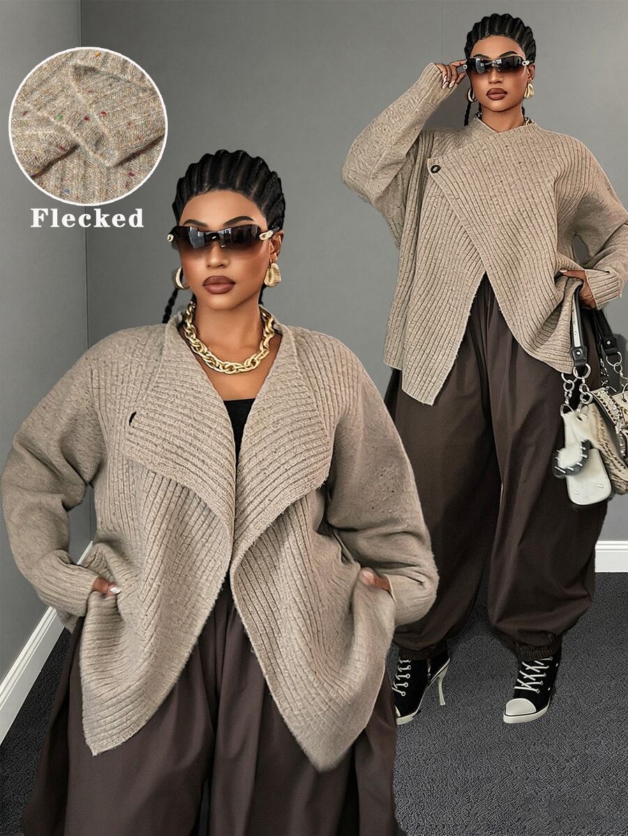 Maweii Plus Size Women's Autumn/Winter Brown Elegant Commute Knit Cardigan, Oatmeal Asymmetrical Button Lapel Two-Way Wear Knit Cardigan, Vintage Multicolor Ribbed Loose Design Slouchy Top