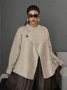 Maweii Plus Size Women's Autumn/Winter Brown Elegant Commute Knit Cardigan, Oatmeal Asymmetrical Button Lapel Two-Way Wear Knit Cardigan, Vintage Multicolor Ribbed Loose Design Slouchy Top - Khaki - View 7