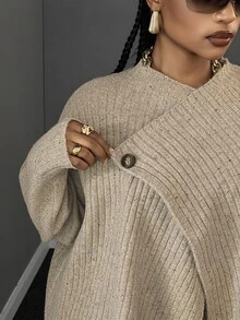 Maweii Plus Size Women's Autumn/Winter Brown Elegant Commute Knit Cardigan, Oatmeal Asymmetrical Button Lapel Two-Way Wear Knit Cardigan, Vintage Multicolor Ribbed Loose Design Slouchy Top - Khaki - View 8