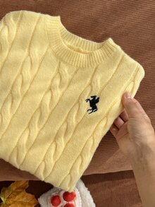 女童騎士刺繡圓領長袖麻花針織洋裝 母女套裝 嬰兒黃色 秋冬款 - 黃色 - 查看 4