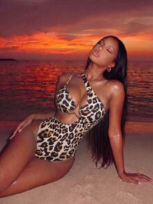 Swim SXY 2026 Spring/Summer Latest Fashion Leopard Print Metallic Decor Asymmetric Neck Sexy Tropical One-Piece Bikini, Beach Vacation Swimwear, Party Beige - Multicolor - View 1