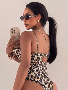 Swim SXY 2026 Spring/Summer Latest Fashion Leopard Print Metallic Decor Asymmetric Neck Sexy Tropical One-Piece Bikini, Beach Vacation Swimwear, Party Beige - Multicolor - View 2