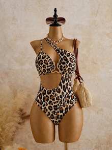 Swim SXY 2026 Spring/Summer Latest Fashion Leopard Print Metallic Decor Asymmetric Neck Sexy Tropical One-Piece Bikini, Beach Vacation Swimwear, Party Beige - Multicolor - View 4