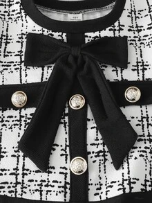 Tween Girls Young Girls' Black And White Checkered Velvet Beaded V-Neck Puff Sleeve Knit A-Line Mini Dress Fall, Elegant Christmas - White - View 6