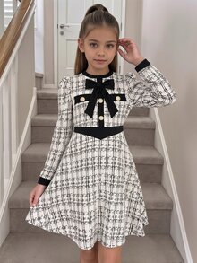 Tween Girls Young Girls' Black And White Checkered Velvet Beaded V-Neck Puff Sleeve Knit A-Line Mini Dress Fall, Elegant Christmas - White - View 1