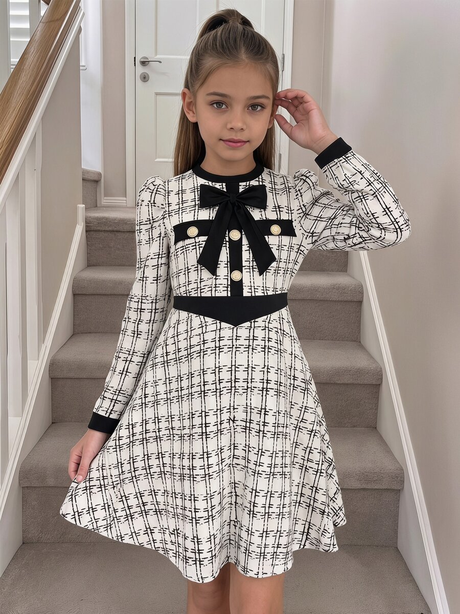 Tween Girls Young Girls' Black And White Checkered Velvet Beaded V-Neck Puff Sleeve Knit A-Line Mini Dress Fall, Elegant Christmas - White - View 1