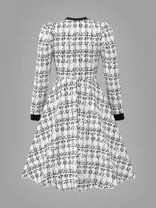 Tween Girls Young Girls' Black And White Checkered Velvet Beaded V-Neck Puff Sleeve Knit A-Line Mini Dress Fall, Elegant Christmas - White - View 4