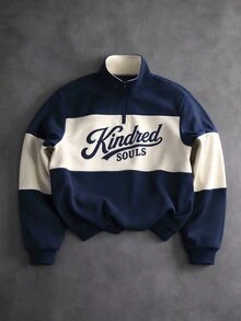 STYNVO Men's Letter Print Contrast Color Long Sleeve Casual Streetwear Pullover Sweatshirt Off Campus College Navy Blue Autumn - Blue - View 1