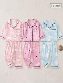Baby Girl Pink Heart Ice Silk Pajama Set, Spring/Autumn Lapel Cardigan With Pockets, Faux Silk Long Sleeve Pants, 2 Pieces Loungewear Set - Pink - View 7