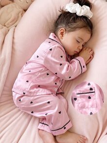 Baby Girl Pink Heart Ice Silk Pajama Set, Spring/Autumn Lapel Cardigan With Pockets, Faux Silk Long Sleeve Pants, 2 Pieces Loungewear Set - Pink - View 4