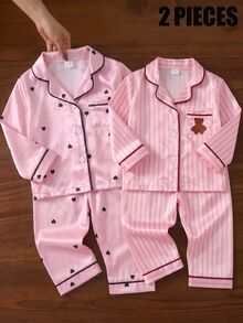 Baby Girl Pink Heart Ice Silk Pajama Set, Spring/Autumn Lapel Cardigan With Pockets, Faux Silk Long Sleeve Pants, 2 Pieces Loungewear Set - Pink - View 1