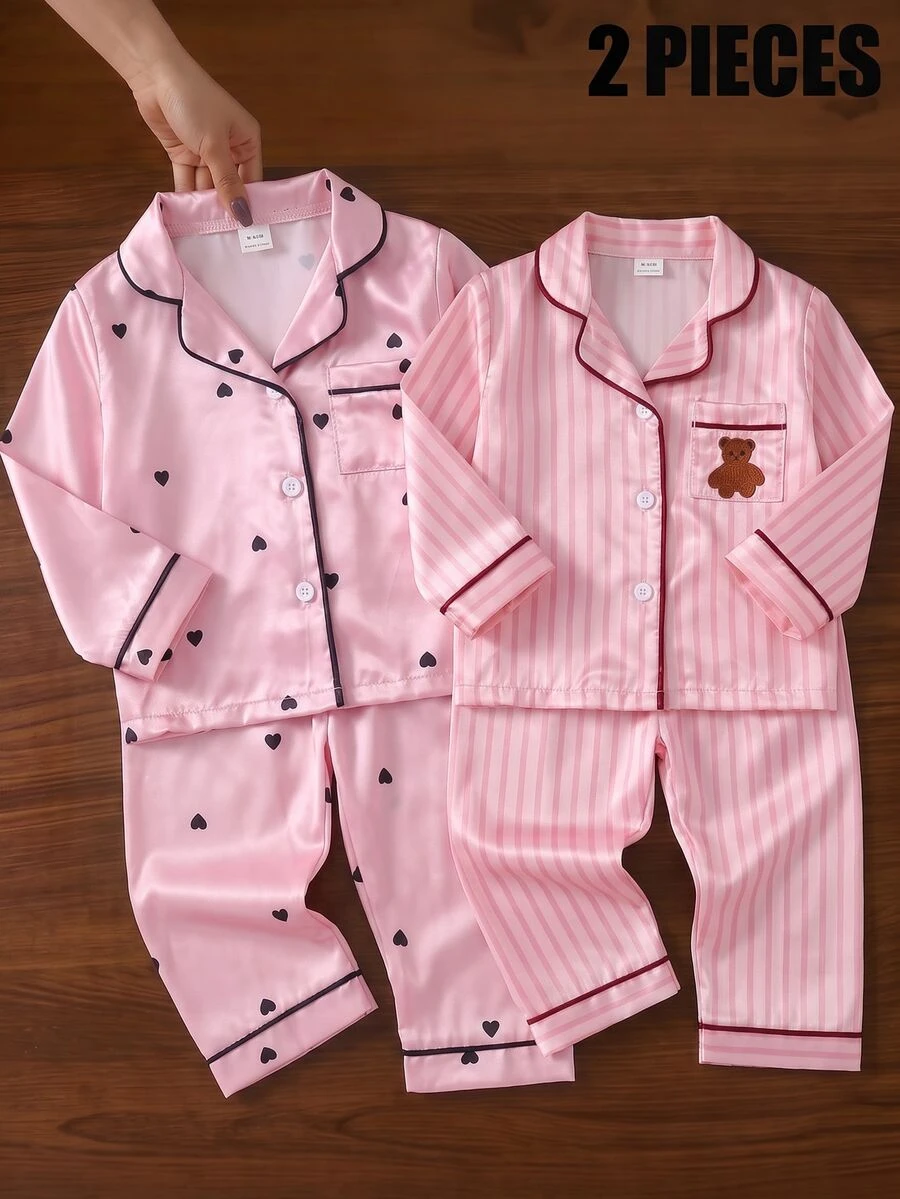 Baby Girl Pink Heart Ice Silk Pajama Set, Spring/Autumn Lapel Cardigan With Pockets, Faux Silk Long Sleeve Pants, 2 Pieces Loungewear Set - Pink - View 1