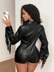 SHEIN BamGlam Women's Tassel Design Casual Streetwear Streetstyle Versatile Everyday Long Sleeve Slim Fit Zip-Up Jacket Halloween Night Black - Black - View 3