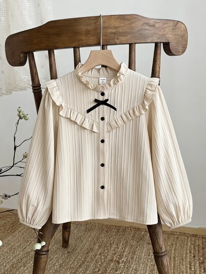 SHEIN Tween Girls Solid Ruffle Trim Ribbed Blouse, Cute Bow Front Long Lantern Sleeve Shirt Elegant Casual Fall Winter Tops