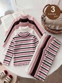 SHEIN طقم علوي 3 قطع للبنات، قمصان برقبة عالية مخططة + وردية + بيضاء، تصميم علوي مطبوع - متعدد الألوان - مشاهدة 6