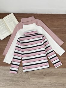 SHEIN طقم علوي 3 قطع للبنات، قمصان برقبة عالية مخططة + وردية + بيضاء، تصميم علوي مطبوع - متعدد الألوان - مشاهدة 4