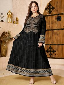 SHEIN Najma Plus Size Women's Vintage Damascus Pattern Digital Print V-Neck Long Sleeve Elegant Arabic Style Maxi Dress, Spring - Multicolor - View 6