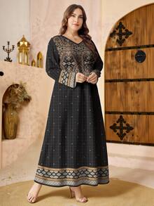 SHEIN Najma Plus Size Women's Vintage Damascus Pattern Digital Print V-Neck Long Sleeve Elegant Arabic Style Maxi Dress, Spring - Multicolor - View 4