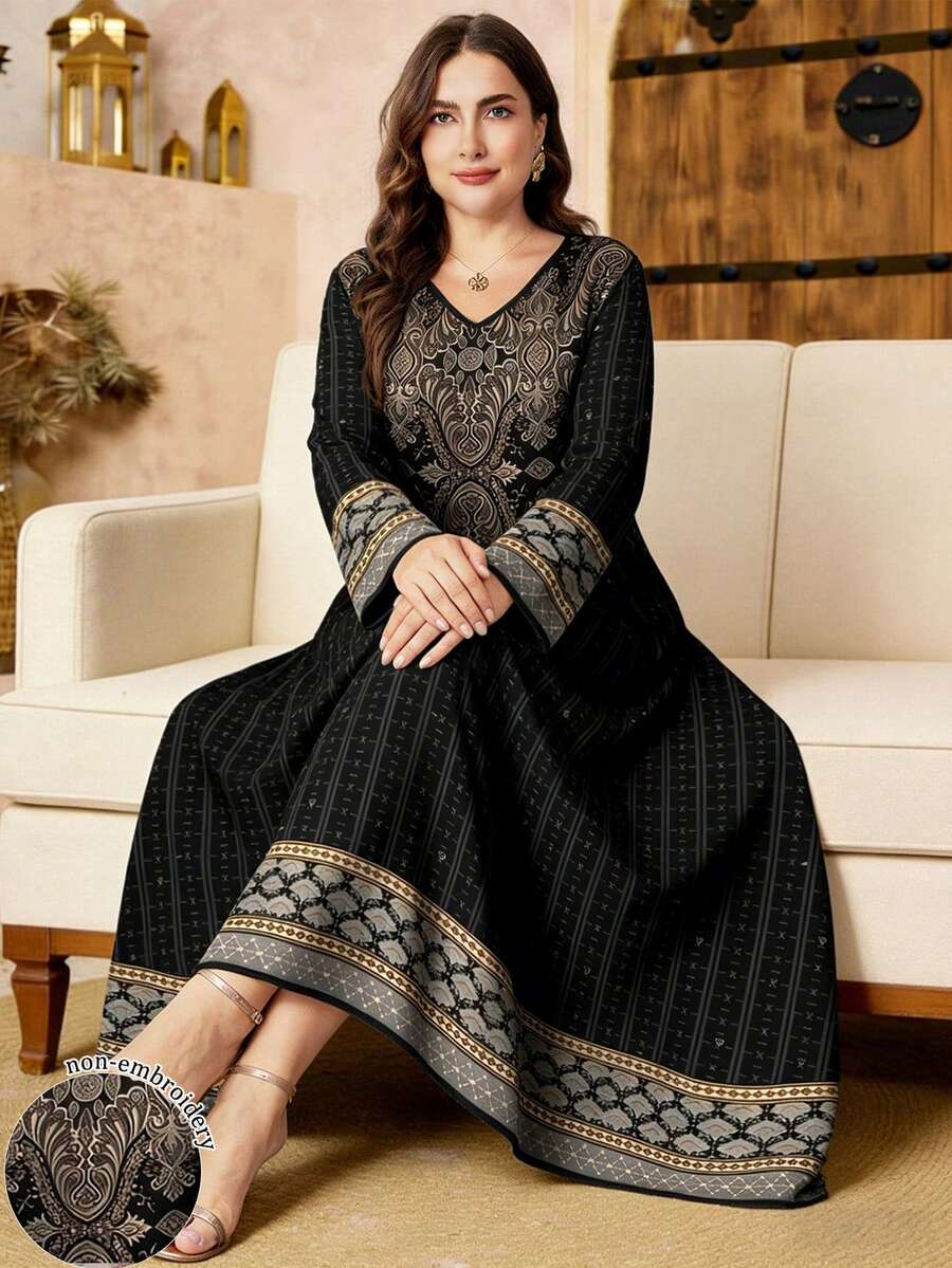 SHEIN Najma Plus Size Women's Vintage Damascus Pattern Digital Print V-Neck Long Sleeve Elegant Arabic Style Maxi Dress, Spring - Multicolor - View 1