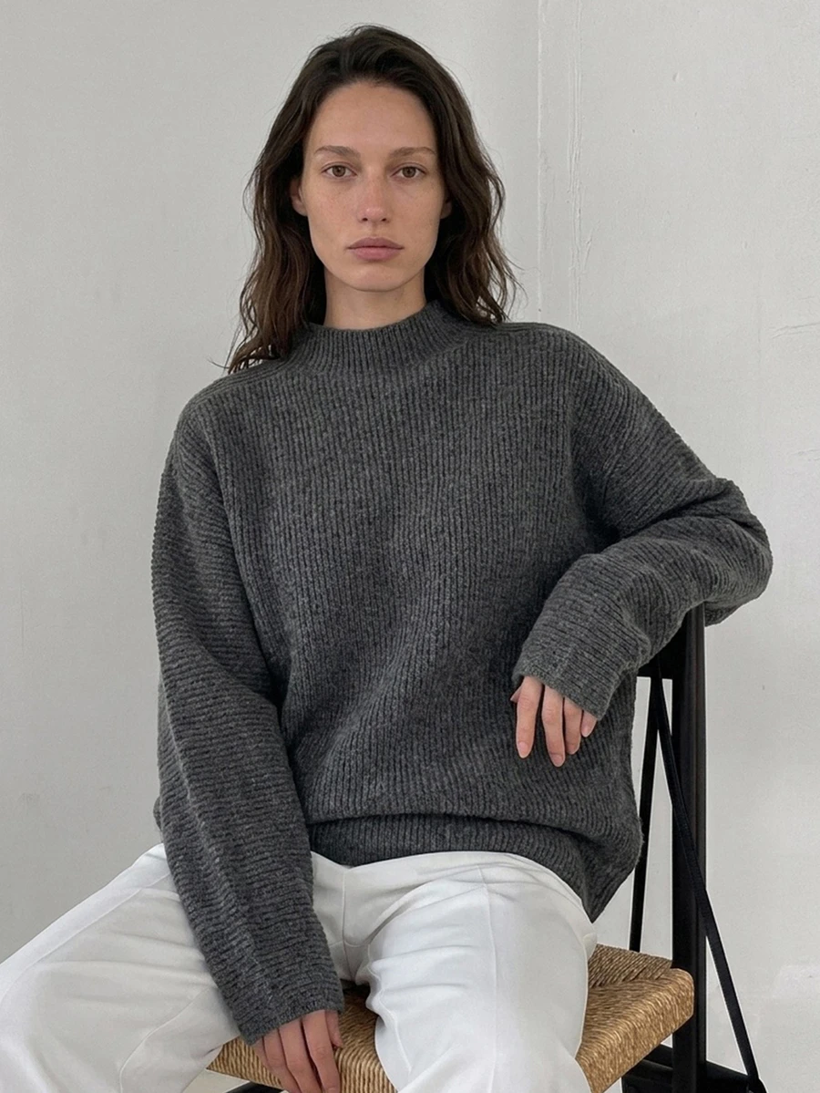 Dazy-Less Women's Solid Color Stand Collar Long Sleeve Casual Versatile Sweater Fall Winter - Grey - View 1