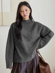 Dazy-Less 女款素色立領長袖休閒百搭毛衣 秋冬款 - 灰色 - 查看 6