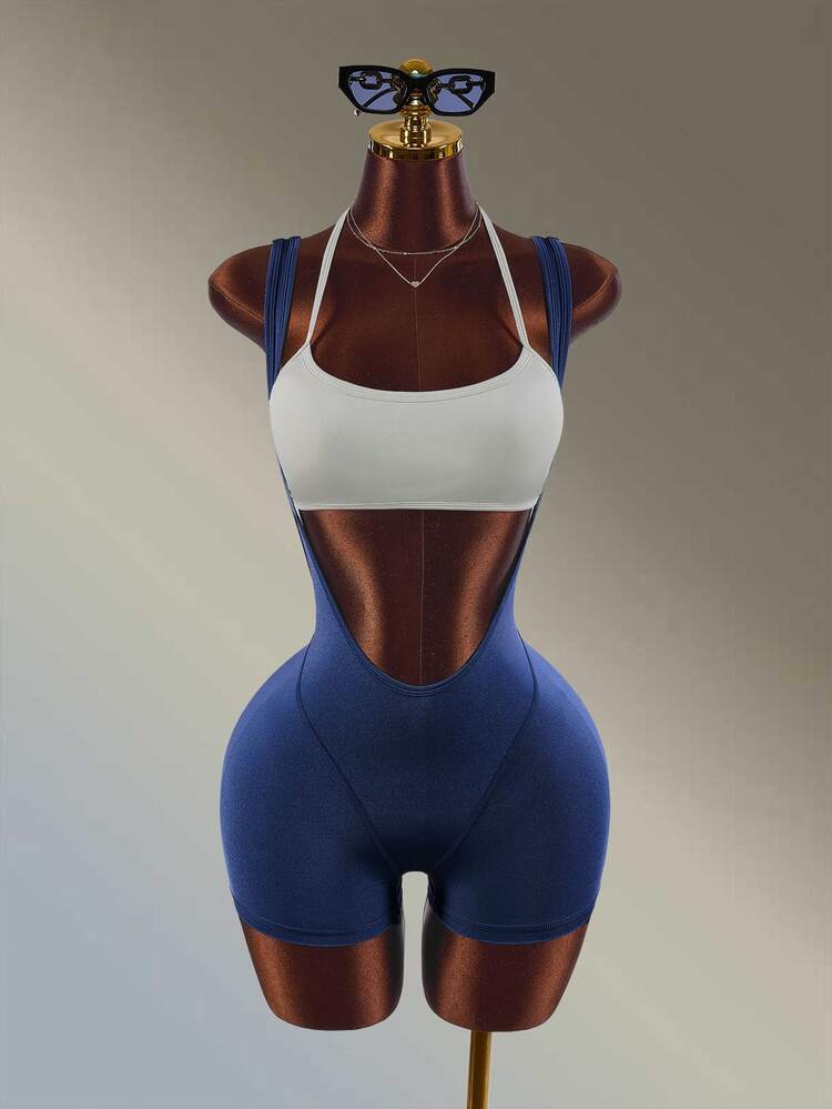 Amplova Women's Casual Bra And Sports Romper Set Running Gym Fitness Workout Winter Autumn Daily Going Out Black Minimalist Casual Fashion Sexy Blue Gym Set - Blue - View 4