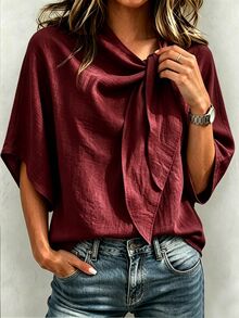SHEIN 女款優雅領結蝙蝠袖亞麻襯衫，純色寬鬆版型通勤日常上衣 - 酒紅色 - 查看 3