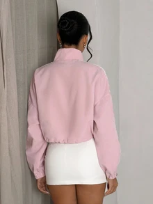 Dewbera Dewbera Jaket Olahraga Wanita Pendek Kasual Longgar Warna Pink dengan Resleting - Berwarna merah muda - View 2