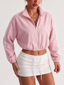 Dewbera Dewbera Jaket Olahraga Wanita Pendek Kasual Longgar Warna Pink dengan Resleting - Berwarna merah muda - View 8