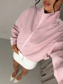 Dewbera Dewbera Jaket Olahraga Wanita Pendek Kasual Longgar Warna Pink dengan Resleting - Berwarna merah muda - View 3