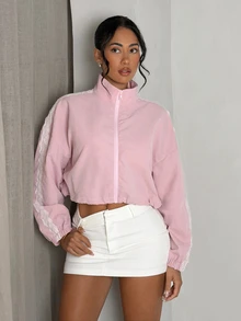 Dewbera Dewbera Jaket Olahraga Wanita Pendek Kasual Longgar Warna Pink dengan Resleting - Berwarna merah muda - View 5