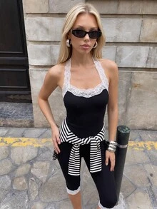 MainGRL Women's Black Fashionable Casual Versatile Sweet And Spicy Lace Trim Halter Neck Slim Fit Knit Jumpsuit - Black - View 3