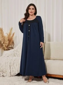 Seusyu Casual Knit Jacquard Colorblock Wooden Button Decor Round Neck Long Sleeve Loose Regular Fit Spring Autumn Plus Size Dress - Multicolor - View 5