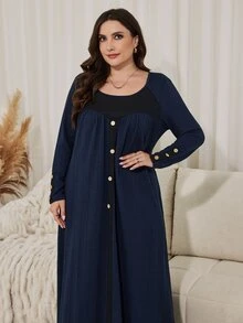 Seusyu Casual Knit Jacquard Colorblock Wooden Button Decor Round Neck Long Sleeve Loose Regular Fit Spring Autumn Plus Size Dress - Multicolor - View 3