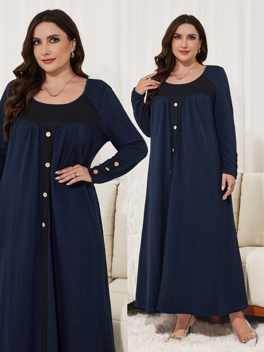 Seusyu Casual Knit Jacquard Colorblock Wooden Button Decor Round Neck Long Sleeve Loose Regular Fit Spring Autumn Plus Size Dress - Multicolor - View 1