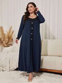 Seusyu Casual Knit Jacquard Colorblock Wooden Button Decor Round Neck Long Sleeve Loose Regular Fit Spring Autumn Plus Size Dress - Multicolor - View 6