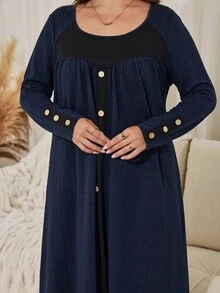 Seusyu Casual Knit Jacquard Colorblock Wooden Button Decor Round Neck Long Sleeve Loose Regular Fit Spring Autumn Plus Size Dress - Multicolor - View 4