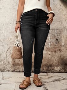 SHEIN ICON Plus Size Women's High Elasticity Slim Fit Casual Versatile Denim Jeans With Pockets - Black - View 6