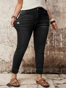 SHEIN ICON Plus Size Women's High Elasticity Slim Fit Casual Versatile Denim Jeans With Pockets - Black - View 5
