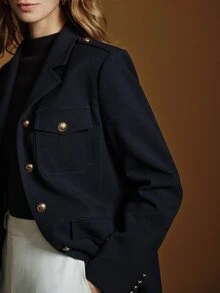 Anewsta Essential Women's Regular Fit Navy Blue Utility Blazer Jacket, Vintage Shoulder Epaulettes, Multi-Pockets, Metal Buttons, Cinched Waist, Commuter Jacket - Royal Blue - View 3