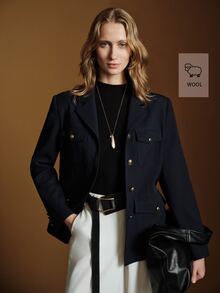 Anewsta Essential Women's Regular Fit Navy Blue Utility Blazer Jacket, Vintage Shoulder Epaulettes, Multi-Pockets, Metal Buttons, Cinched Waist, Commuter Jacket - Royal Blue - View 1