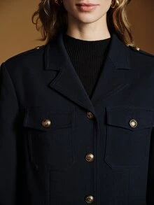 Anewsta Essential Women's Regular Fit Navy Blue Utility Blazer Jacket, Vintage Shoulder Epaulettes, Multi-Pockets, Metal Buttons, Cinched Waist, Commuter Jacket - Royal Blue - View 4