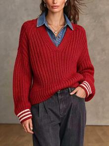 SHEIN LUNE Striped Pattern Raglan Sleeve Sweater Without Blouse School Red And White Stripe Polka Dot Fall Casual Preppy Everyday - Red - View 1
