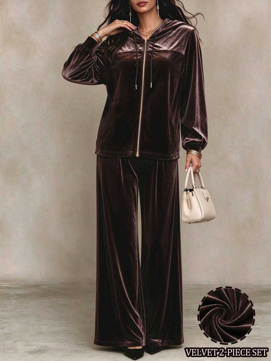 LUMIGAL Women's Solid Color Zip-Up Hooded Jacket And Pants Casual 2 Pieces Set - Chocolate Brown - View 1