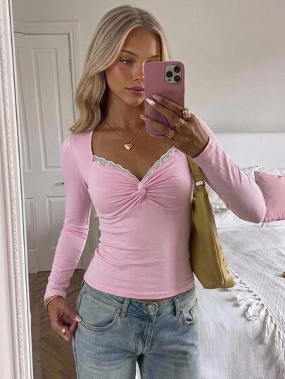 CovetEZ Women's Spring/Autumn Sweet Cute Pink Sweetheart Neckline Lace Trim Twisted Chest Long Sleeve Slim Fit T-Shirt
