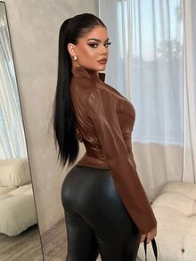 SHEIN SXY 性感修身長袖拉鍊夾克 - 巧克力棕 - 查看 2